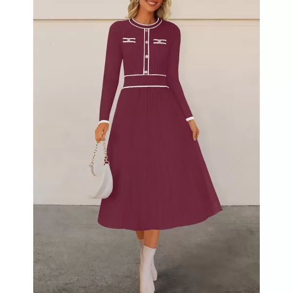imageZESICA Womens 2024 Fall Pleated Sweater Dress Long Sleeve Crewneck Ribbed Knitted Midi DressesFuchsia