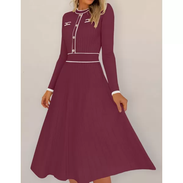 imageZESICA Womens 2024 Fall Pleated Sweater Dress Long Sleeve Crewneck Ribbed Knitted Midi DressesFuchsia