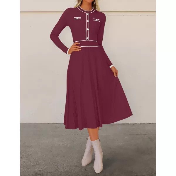 imageZESICA Womens 2024 Fall Pleated Sweater Dress Long Sleeve Crewneck Ribbed Knitted Midi DressesFuchsia