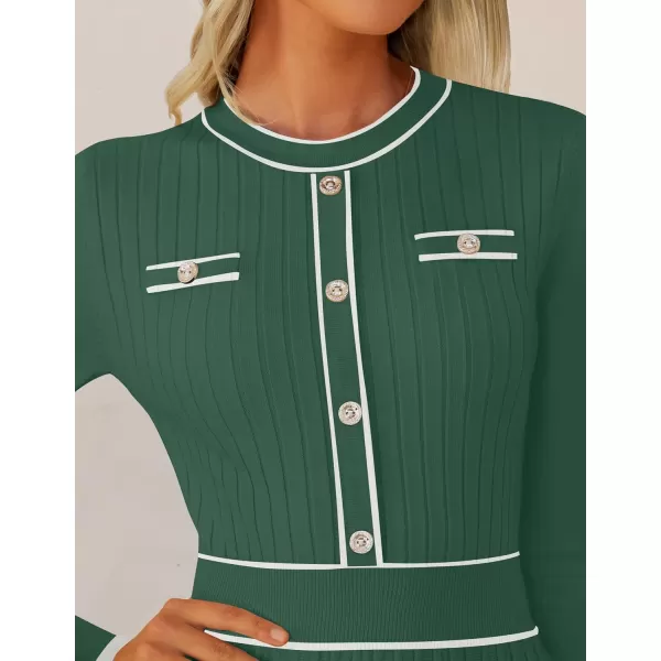 imageZESICA Womens 2024 Fall Pleated Sweater Dress Long Sleeve Crewneck Ribbed Knitted Midi DressesGreen