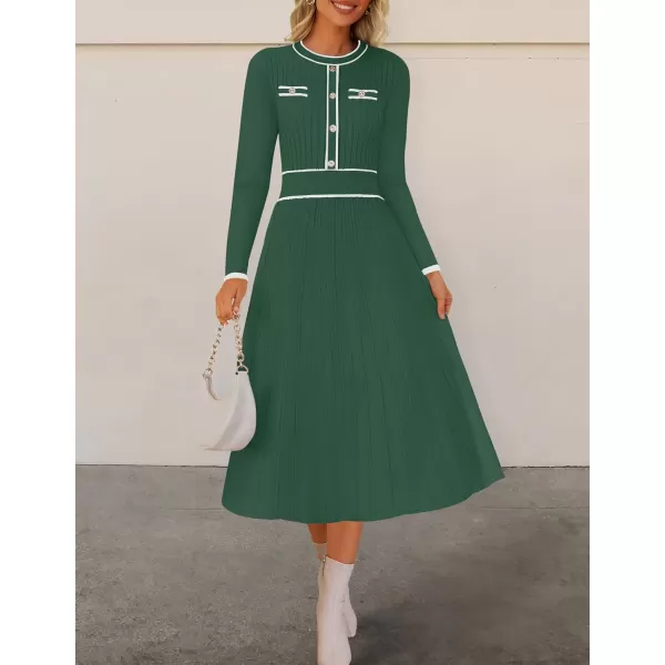 imageZESICA Womens 2024 Fall Pleated Sweater Dress Long Sleeve Crewneck Ribbed Knitted Midi DressesGreen
