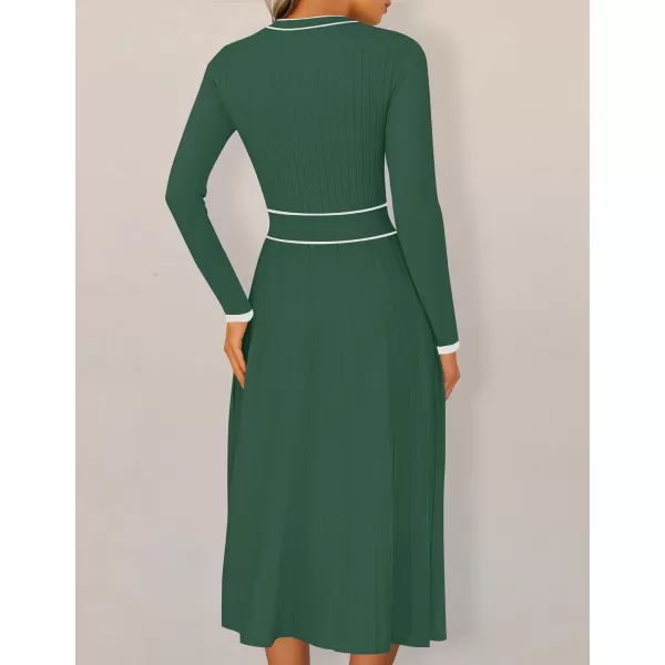 imageZESICA Womens 2024 Fall Pleated Sweater Dress Long Sleeve Crewneck Ribbed Knitted Midi DressesGreen
