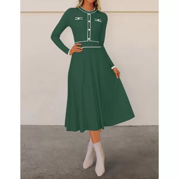imageZESICA Womens 2024 Fall Pleated Sweater Dress Long Sleeve Crewneck Ribbed Knitted Midi DressesGreen