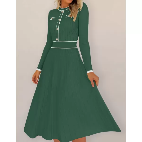 imageZESICA Womens 2024 Fall Pleated Sweater Dress Long Sleeve Crewneck Ribbed Knitted Midi DressesGreen