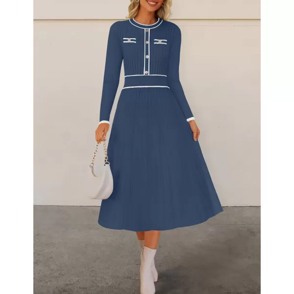 imageZESICA Womens 2024 Fall Pleated Sweater Dress Long Sleeve Crewneck Ribbed Knitted Midi DressesNavy