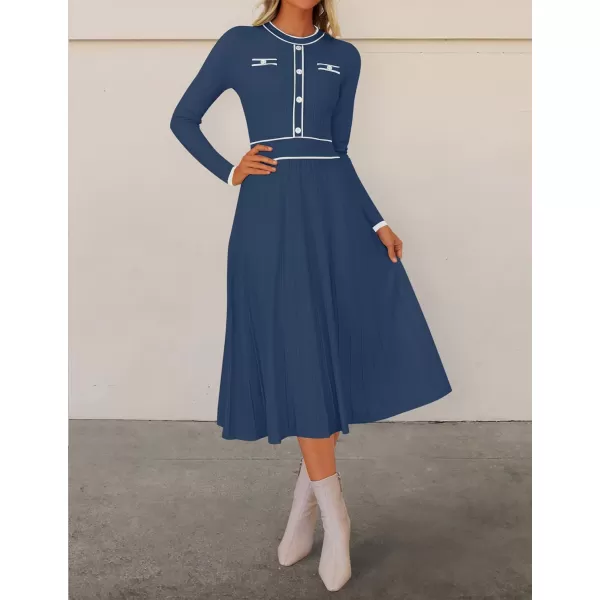 imageZESICA Womens 2024 Fall Pleated Sweater Dress Long Sleeve Crewneck Ribbed Knitted Midi DressesNavy