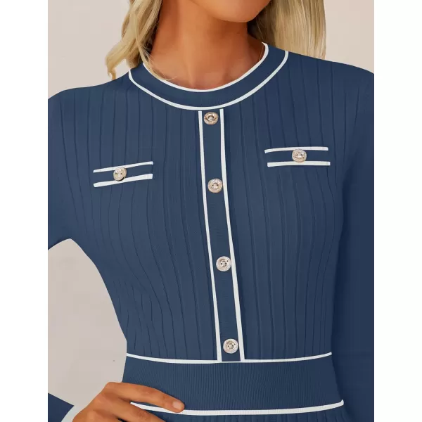 imageZESICA Womens 2024 Fall Pleated Sweater Dress Long Sleeve Crewneck Ribbed Knitted Midi DressesNavy