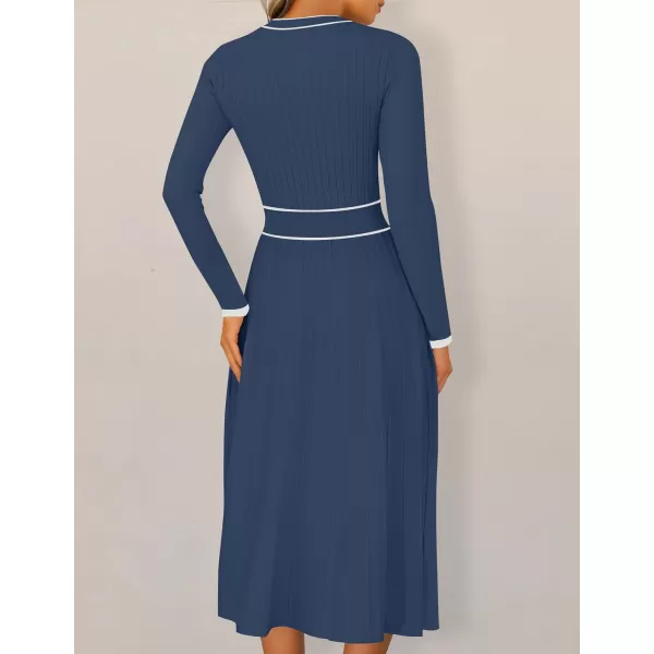 imageZESICA Womens 2024 Fall Pleated Sweater Dress Long Sleeve Crewneck Ribbed Knitted Midi DressesNavy