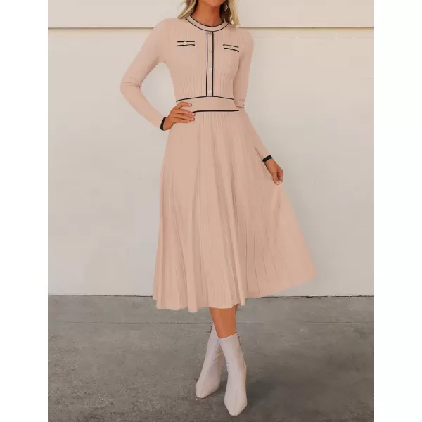 imageZESICA Womens 2024 Fall Pleated Sweater Dress Long Sleeve Crewneck Ribbed Knitted Midi DressesOatmeal