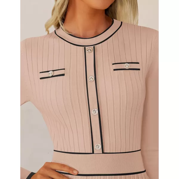 imageZESICA Womens 2024 Fall Pleated Sweater Dress Long Sleeve Crewneck Ribbed Knitted Midi DressesOatmeal