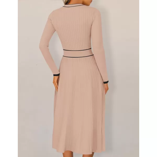 imageZESICA Womens 2024 Fall Pleated Sweater Dress Long Sleeve Crewneck Ribbed Knitted Midi DressesOatmeal