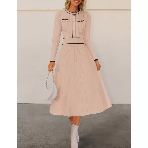 imageZESICA Womens 2024 Fall Pleated Sweater Dress Long Sleeve Crewneck Ribbed Knitted Midi DressesOatmeal