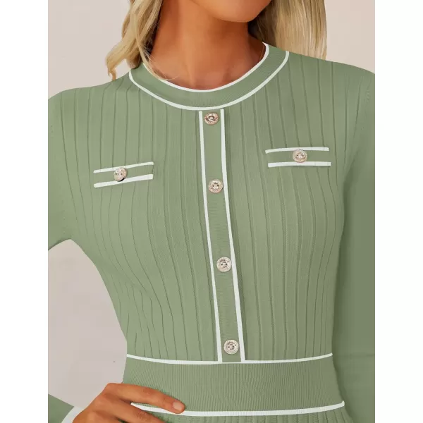 imageZESICA Womens 2024 Fall Pleated Sweater Dress Long Sleeve Crewneck Ribbed Knitted Midi DressesOlive