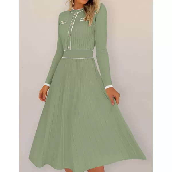 imageZESICA Womens 2024 Fall Pleated Sweater Dress Long Sleeve Crewneck Ribbed Knitted Midi DressesOlive