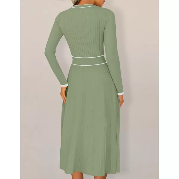 imageZESICA Womens 2024 Fall Pleated Sweater Dress Long Sleeve Crewneck Ribbed Knitted Midi DressesOlive