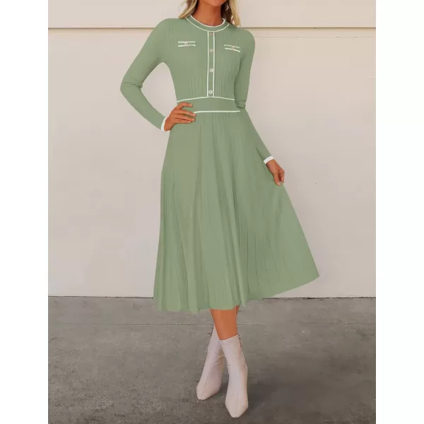 imageZESICA Womens 2024 Fall Pleated Sweater Dress Long Sleeve Crewneck Ribbed Knitted Midi DressesOlive
