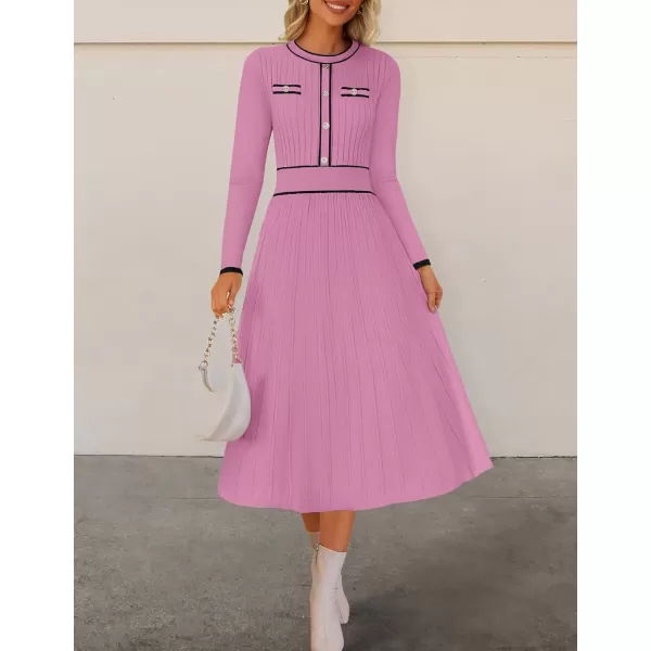 imageZESICA Womens 2024 Fall Pleated Sweater Dress Long Sleeve Crewneck Ribbed Knitted Midi DressesPinkpurple