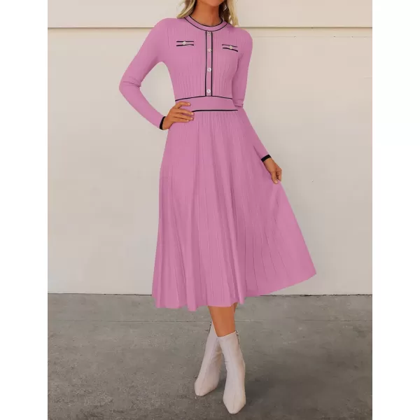 imageZESICA Womens 2024 Fall Pleated Sweater Dress Long Sleeve Crewneck Ribbed Knitted Midi DressesPinkpurple