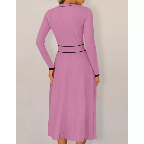 imageZESICA Womens 2024 Fall Pleated Sweater Dress Long Sleeve Crewneck Ribbed Knitted Midi DressesPinkpurple