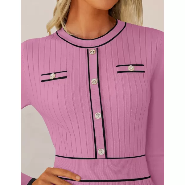 imageZESICA Womens 2024 Fall Pleated Sweater Dress Long Sleeve Crewneck Ribbed Knitted Midi DressesPinkpurple