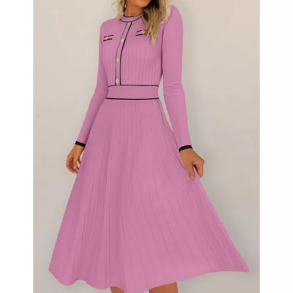 imageZESICA Womens 2024 Fall Pleated Sweater Dress Long Sleeve Crewneck Ribbed Knitted Midi DressesPinkpurple