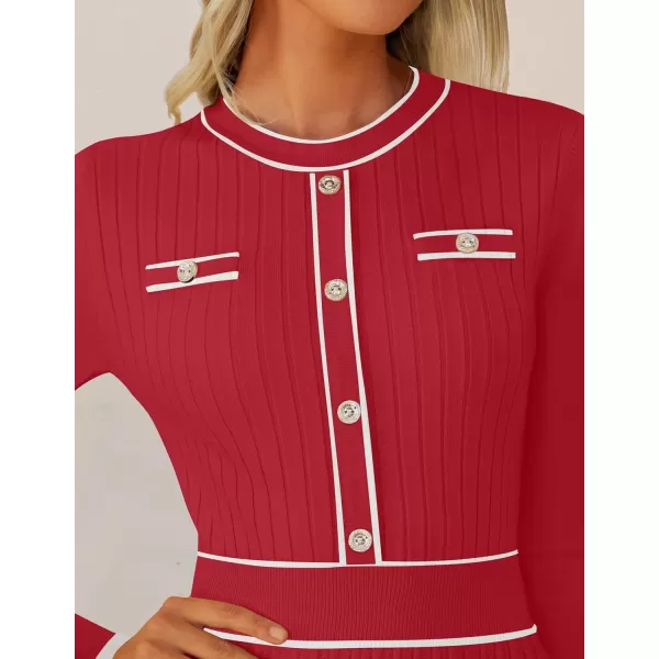 imageZESICA Womens 2024 Fall Pleated Sweater Dress Long Sleeve Crewneck Ribbed Knitted Midi DressesRed