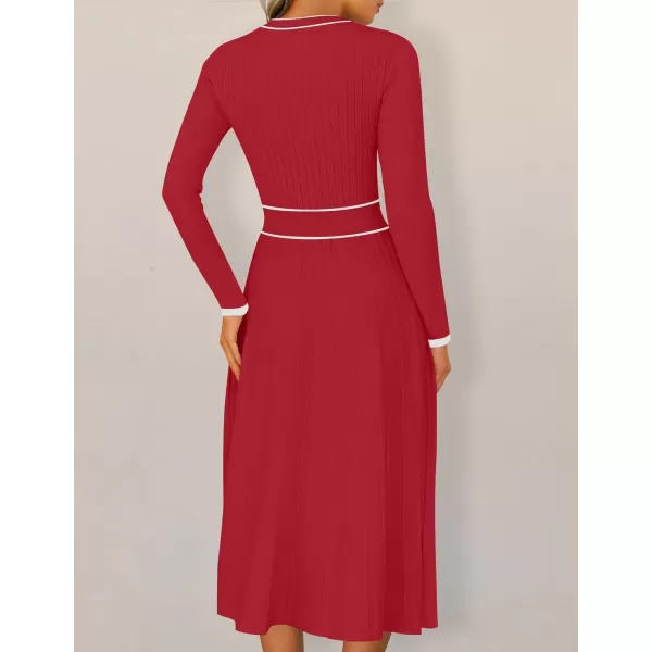 imageZESICA Womens 2024 Fall Pleated Sweater Dress Long Sleeve Crewneck Ribbed Knitted Midi DressesRed