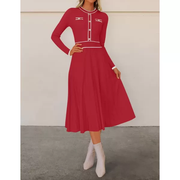 imageZESICA Womens 2024 Fall Pleated Sweater Dress Long Sleeve Crewneck Ribbed Knitted Midi DressesRed
