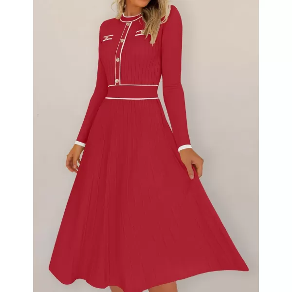 imageZESICA Womens 2024 Fall Pleated Sweater Dress Long Sleeve Crewneck Ribbed Knitted Midi DressesRed