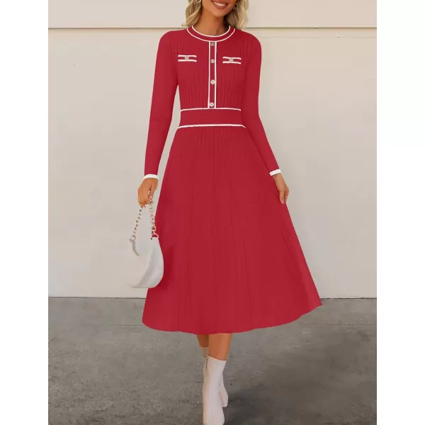 imageZESICA Womens 2024 Fall Pleated Sweater Dress Long Sleeve Crewneck Ribbed Knitted Midi DressesRed