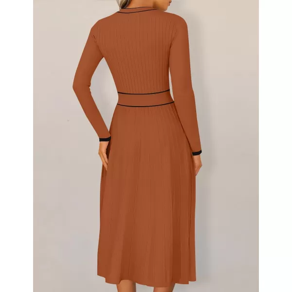 imageZESICA Womens 2024 Fall Pleated Sweater Dress Long Sleeve Crewneck Ribbed Knitted Midi DressesRust
