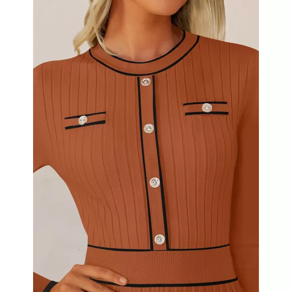 imageZESICA Womens 2024 Fall Pleated Sweater Dress Long Sleeve Crewneck Ribbed Knitted Midi DressesRust