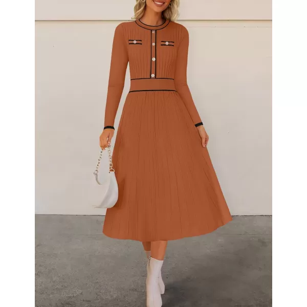 imageZESICA Womens 2024 Fall Pleated Sweater Dress Long Sleeve Crewneck Ribbed Knitted Midi DressesRust
