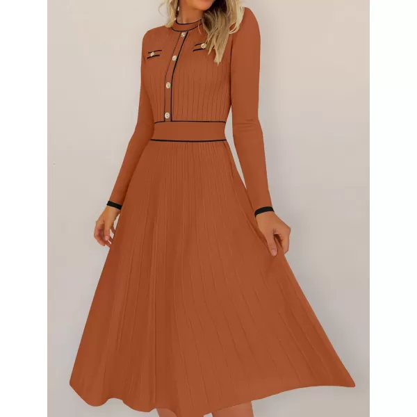imageZESICA Womens 2024 Fall Pleated Sweater Dress Long Sleeve Crewneck Ribbed Knitted Midi DressesRust