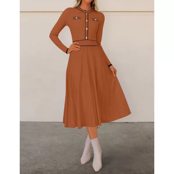 imageZESICA Womens 2024 Fall Pleated Sweater Dress Long Sleeve Crewneck Ribbed Knitted Midi DressesRust
