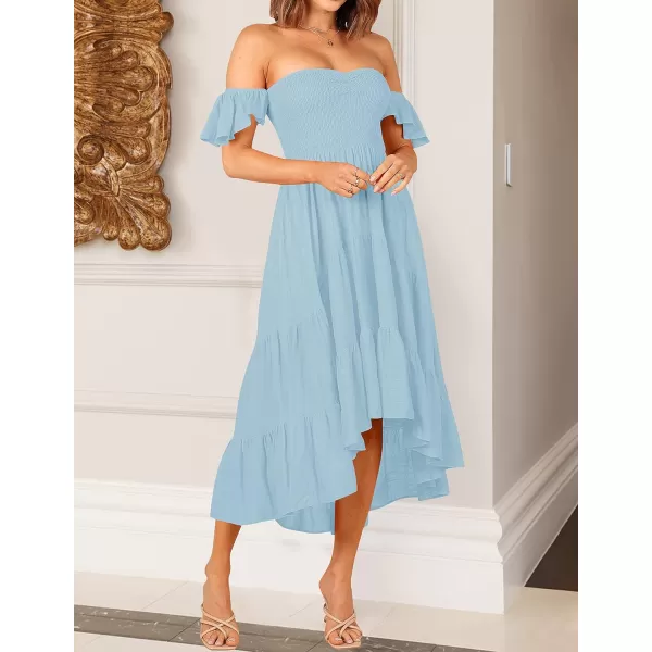 imageZESICA Womens 2024 Summer Boho Off Shoulder Short Sleeve Smocked Ruffle Swing High Low Mermaid Cocktail Party DressSkyblue