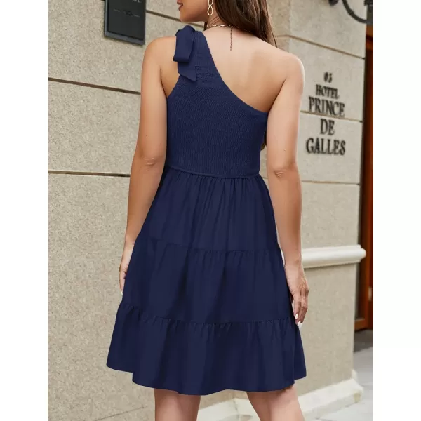 imageZESICA Womens 2024 Summer Boho One Shoulder Sleeveless Solid Color Smocked Tiered Ruffle A Line Swing Short Mini DressRoyalblue