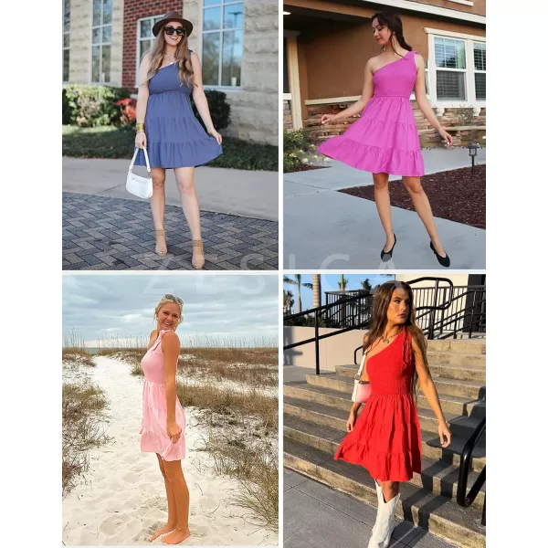 imageZESICA Womens 2024 Summer Boho One Shoulder Sleeveless Solid Color Smocked Tiered Ruffle A Line Swing Short Mini DressRoyalblue