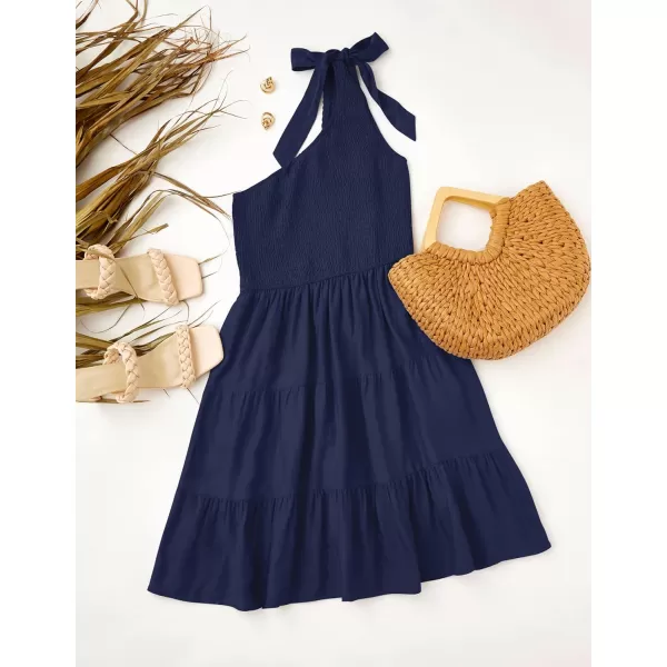 imageZESICA Womens 2024 Summer Boho One Shoulder Sleeveless Solid Color Smocked Tiered Ruffle A Line Swing Short Mini DressRoyalblue