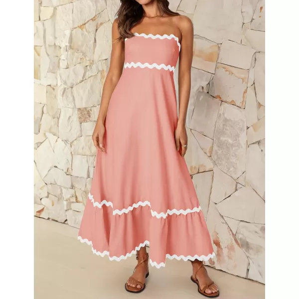 imageZESICA Womens 2024 Summer Spaghetti Straps Sleeveless Backless Sundress Flowy Smocked Lace Swing A Line Midi DressCoral Pink