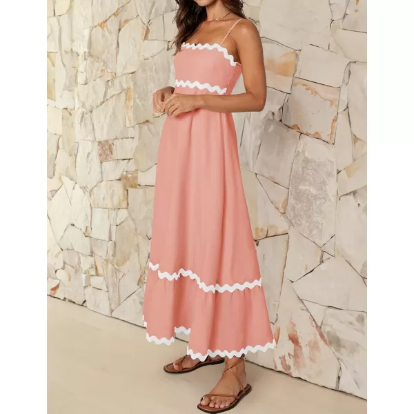 imageZESICA Womens 2024 Summer Spaghetti Straps Sleeveless Backless Sundress Flowy Smocked Lace Swing A Line Midi DressCoral Pink