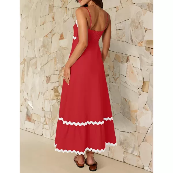 imageZESICA Womens 2024 Summer Spaghetti Straps Sleeveless Backless Sundress Flowy Smocked Lace Swing A Line Midi DressRed