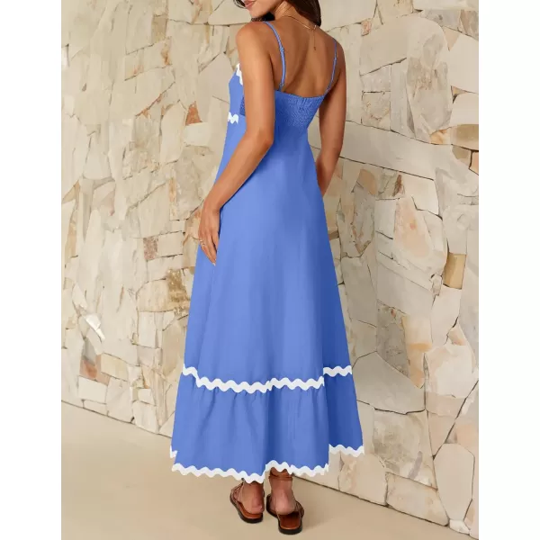 imageZESICA Womens 2024 Summer Spaghetti Straps Sleeveless Backless Sundress Flowy Smocked Lace Swing A Line Midi DressSapphire Blue
