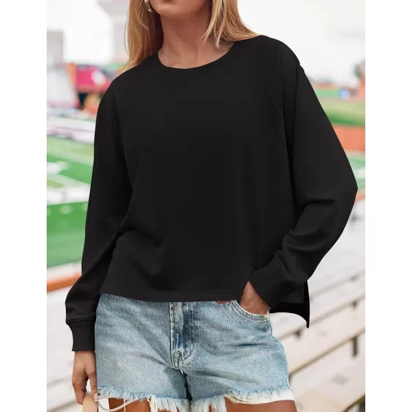 imageZESICA Womens Causal Long Sleeve Lightweight Sweatshirts Crewneck Side Slit Loose Shirts Basic Fall TopsBlack