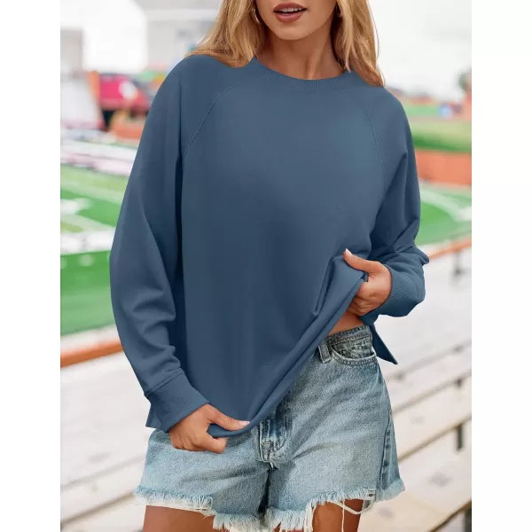 imageZESICA Womens Causal Long Sleeve Lightweight Sweatshirts Crewneck Side Slit Loose Shirts Basic Fall TopsDark Blue