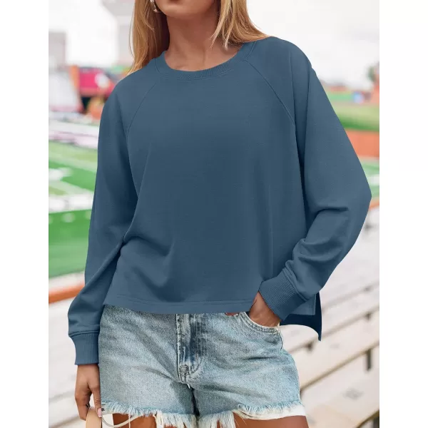 imageZESICA Womens Causal Long Sleeve Lightweight Sweatshirts Crewneck Side Slit Loose Shirts Basic Fall TopsDark Blue