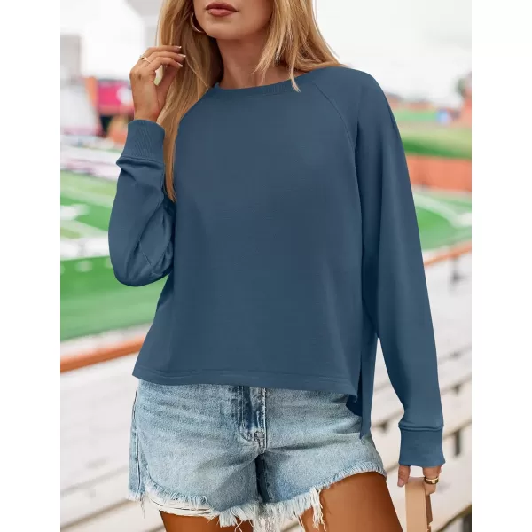 imageZESICA Womens Causal Long Sleeve Lightweight Sweatshirts Crewneck Side Slit Loose Shirts Basic Fall TopsDark Blue