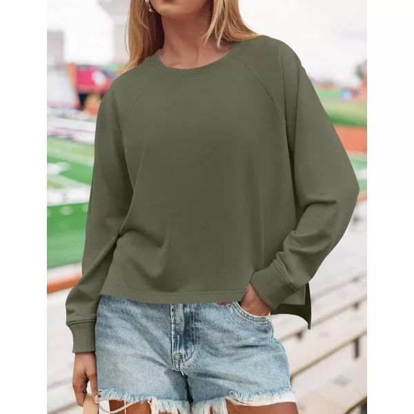 imageZESICA Womens Causal Long Sleeve Lightweight Sweatshirts Crewneck Side Slit Loose Shirts Basic Fall TopsGreen