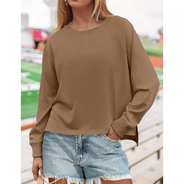 imageZESICA Womens Causal Long Sleeve Lightweight Sweatshirts Crewneck Side Slit Loose Shirts Basic Fall TopsKhaki