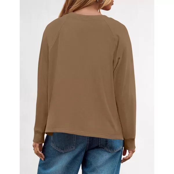 imageZESICA Womens Causal Long Sleeve Lightweight Sweatshirts Crewneck Side Slit Loose Shirts Basic Fall TopsKhaki